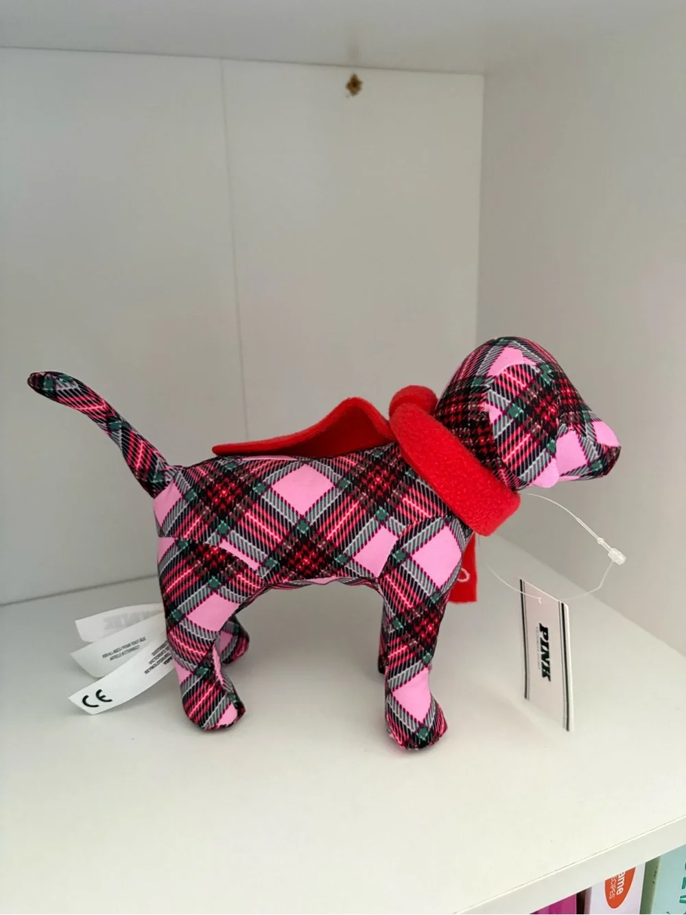 PINK Victoria's Secret Plaid Pink & Black Dog Plush with Red Scarf - Picture 4 of 6